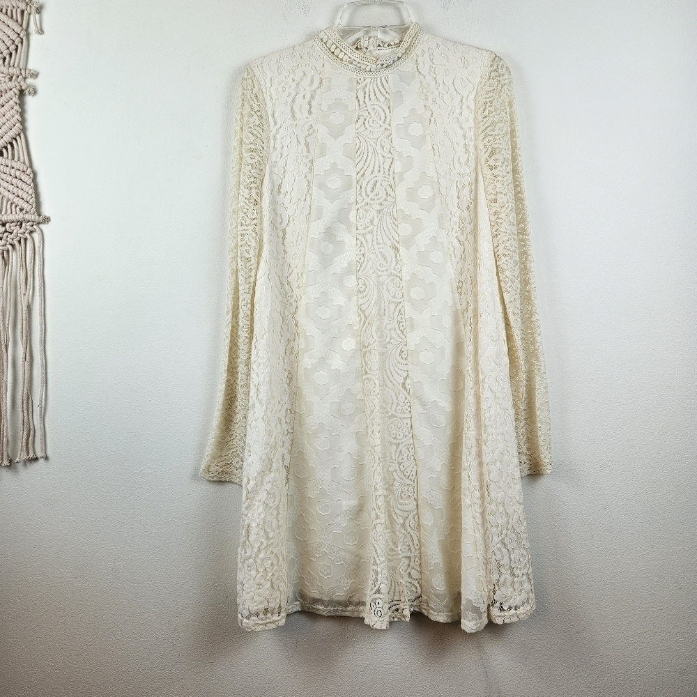 Anthropologie HD in Paris Enid Swing Dress Size Medium Ivory Lace Long Sleeves